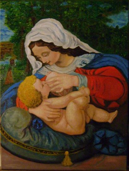 ikony i obrazy sakralne - Matka Boska Karmiąca-malowana na płótnie olejamiraz.30x40-pr.własna.JPG
