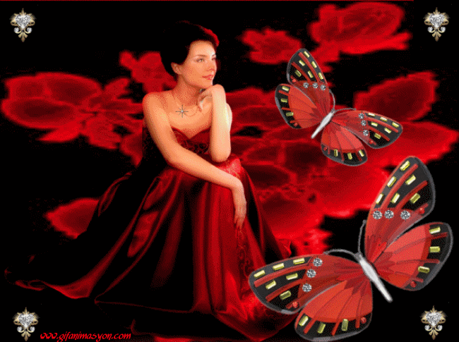 Gify-Kobiety - kobietka z motylami  w czerwieni.gif